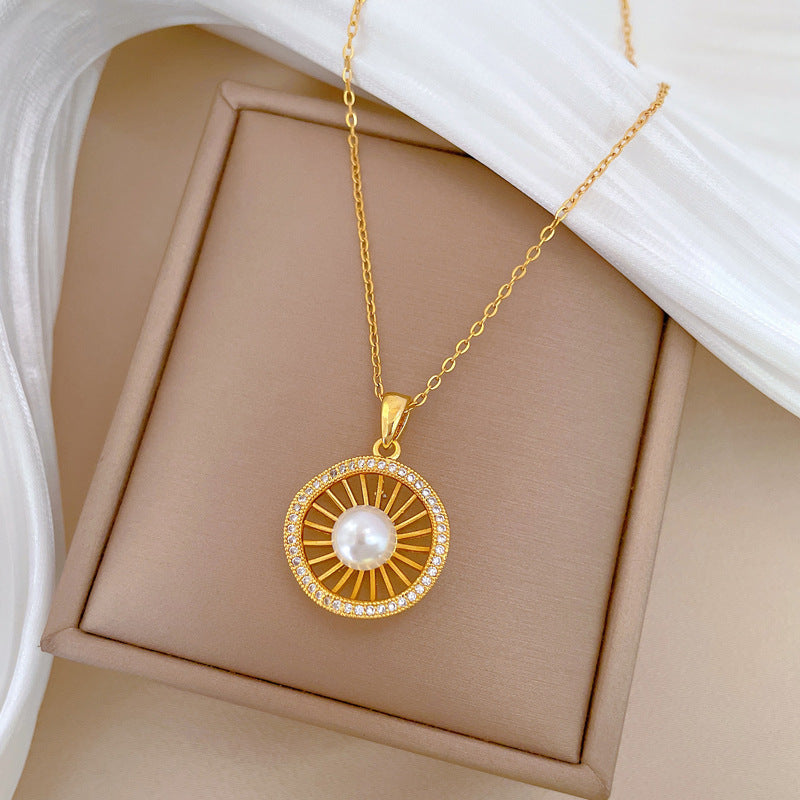 Luxury Titanium Steel Hollow Bird's Nest Pendant Necklace for Women with Rhinestone Inlay, Geometric Design, Delicate Clavicle Chain