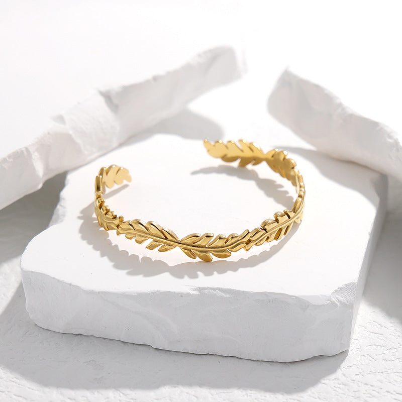 Gold Plated Stainless Steel Leaf Open Cuff Bracelet for Women