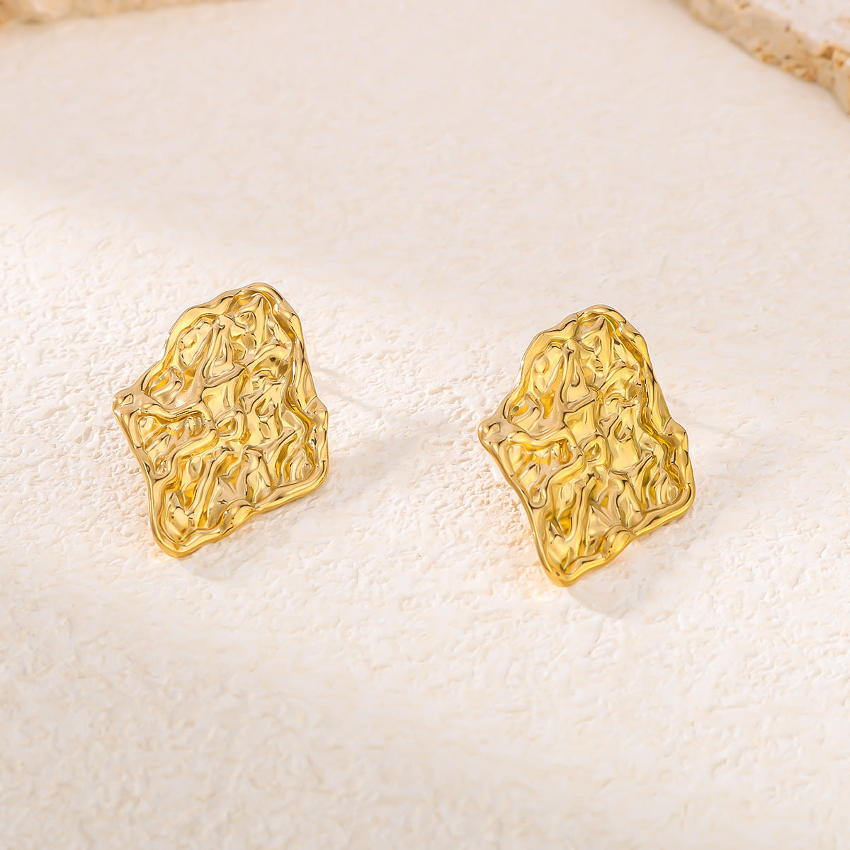 Irregular Geometric Diamond-Shaped Stainless Steel Earrings with 18K Gold Vacuum Plating and Wavy Texture for Women