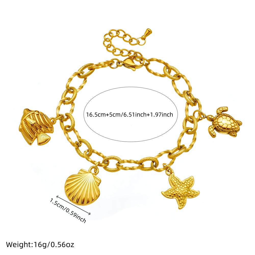 Fashionable Gold-Plated Stainless Steel Sea Star and Turtle Pendant Bracelet for Women