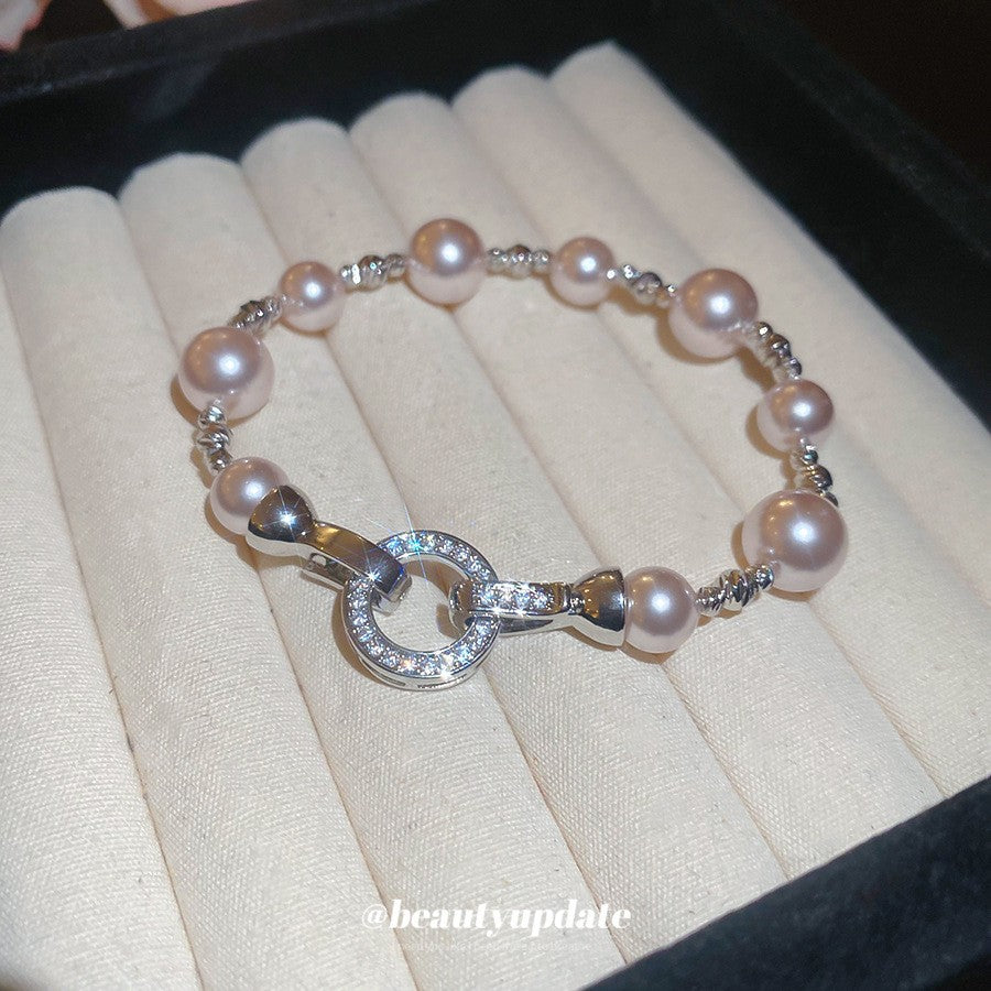 Elegante pulsera geométrica de perlas para mujer con detalles de pedrería, acabado chapado, estilo minimalista para oficina, joyería de lujo para uso diario