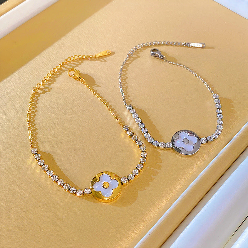 Minimalist Sweet Micro-inlaid Cubic Zirconia and Shell Flower Plated Titanium Steel Bracelet