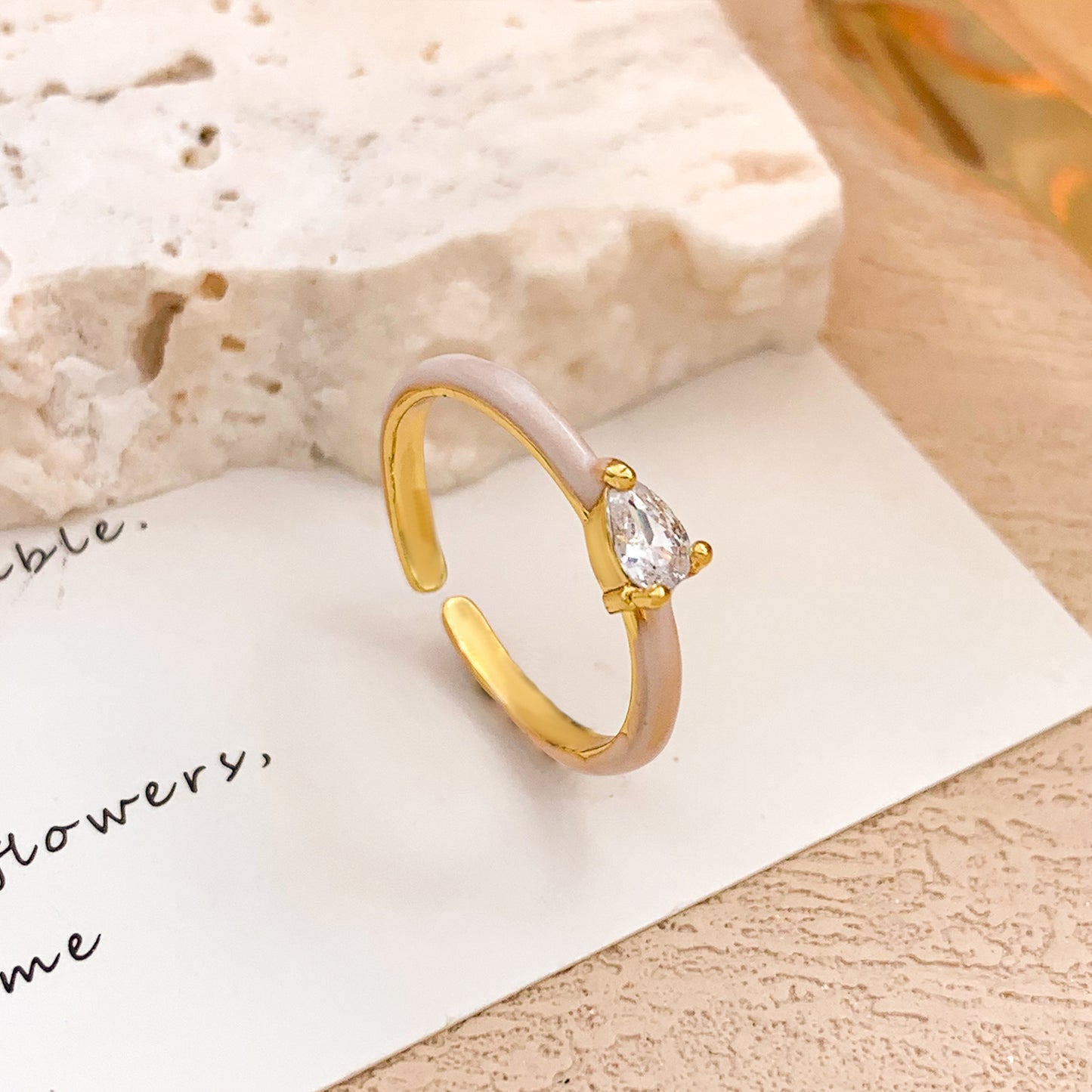 Anillo de circonita cúbica con forma de lágrima, ovalado, redondo, de lunares, geométrico, minimalista, de aleación chapada en oro para mujer
