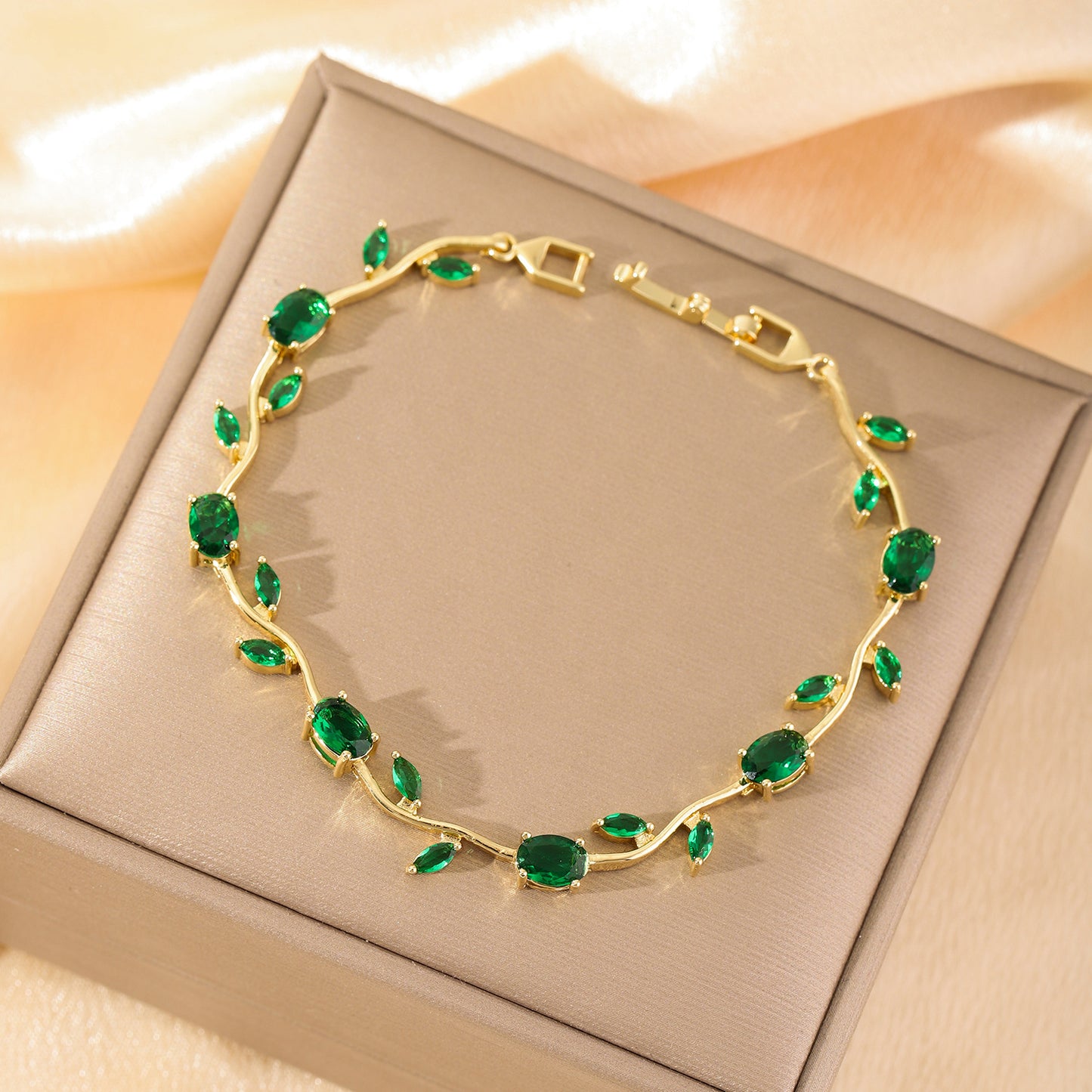 Luxury Gold Plated Brass Leaf Bracelet with Cubic Zirconia Inlay Unisex Floral Design