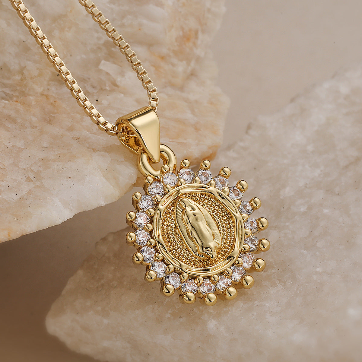 Minimalist Gold Plated Brass Geometric Virgin Mary Cubic Zirconia Pendant Necklace for Women