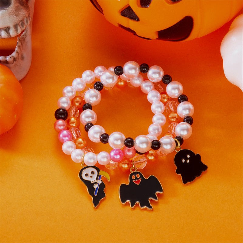 Braccialetto elasticizzato con perline casual geometriche a fantasma e zucca per donna con ciondolo in plastica