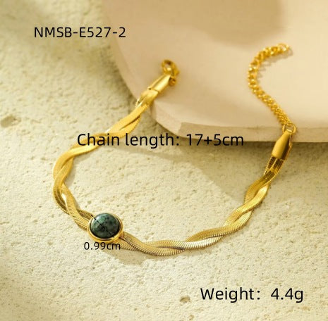 Fashionable OL Style Geometric Shape Stainless Steel Braided Snake Chain Bracelet with Turquoise Inlay and Titanium Steel Accents