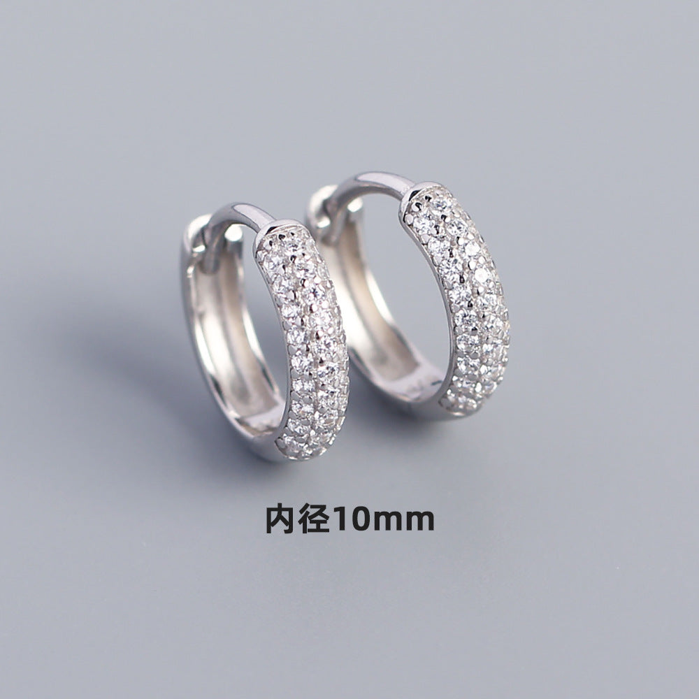 Minimalist Geometric S925 Sterling Silver Huggie Hoop Earrings with Triple Row Rhinestone Inlay