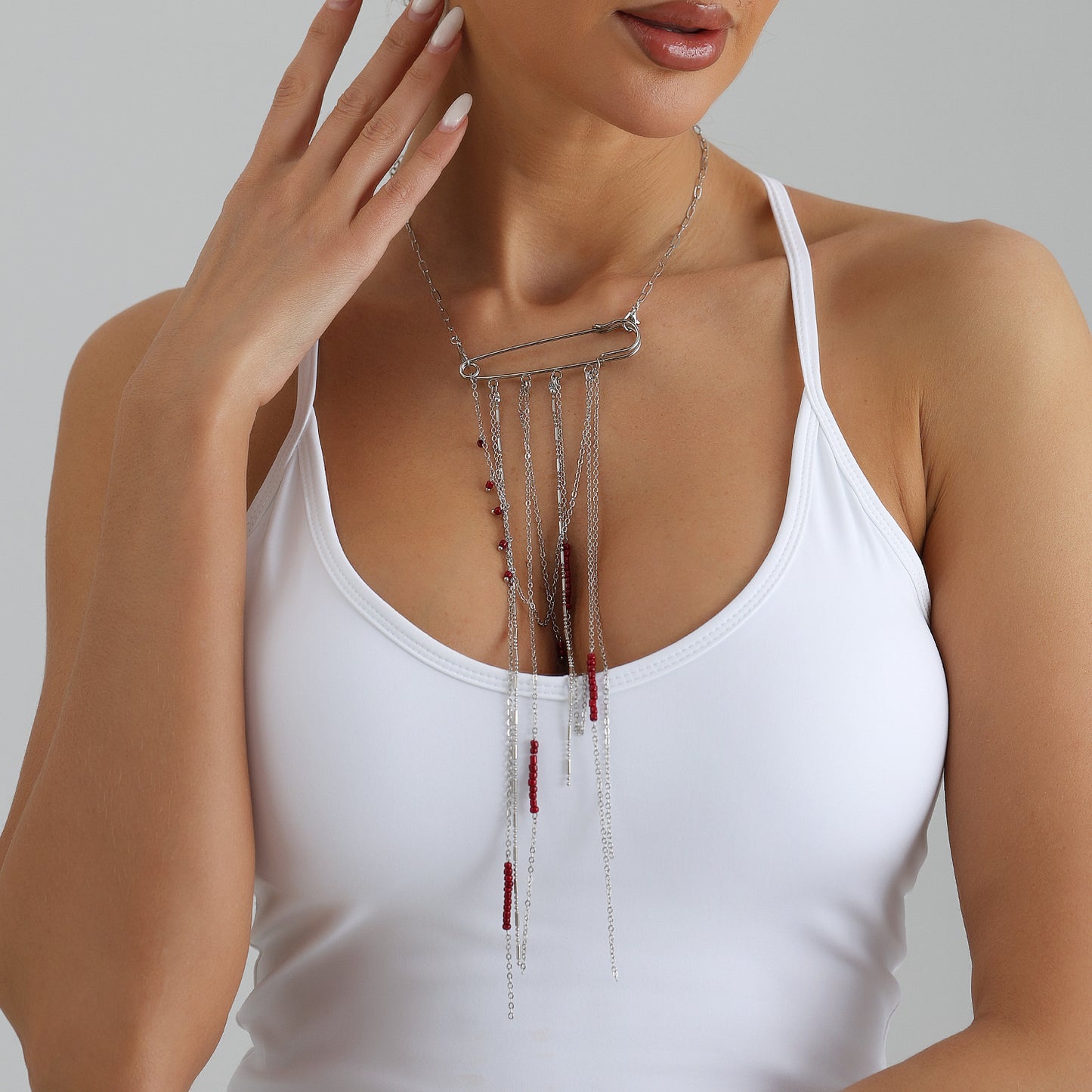 Casual Geometric Alloy Plated Necklace with Red Bead and Tassel for Women