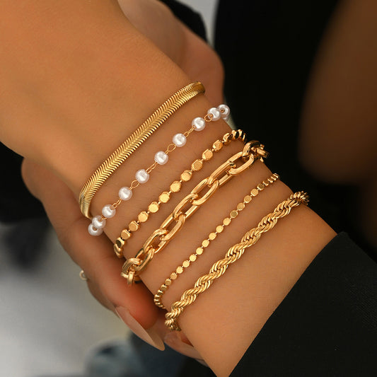 Set di bracciali geometrici intrecciati in lega da donna con finitura placcata, alla moda per l'uso quotidiano