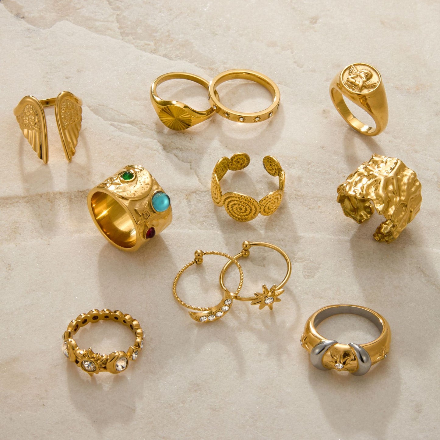 Anello geometrico in acciaio al titanio da donna con finitura galvanica, accessorio di moda di lusso ispirato al vintage