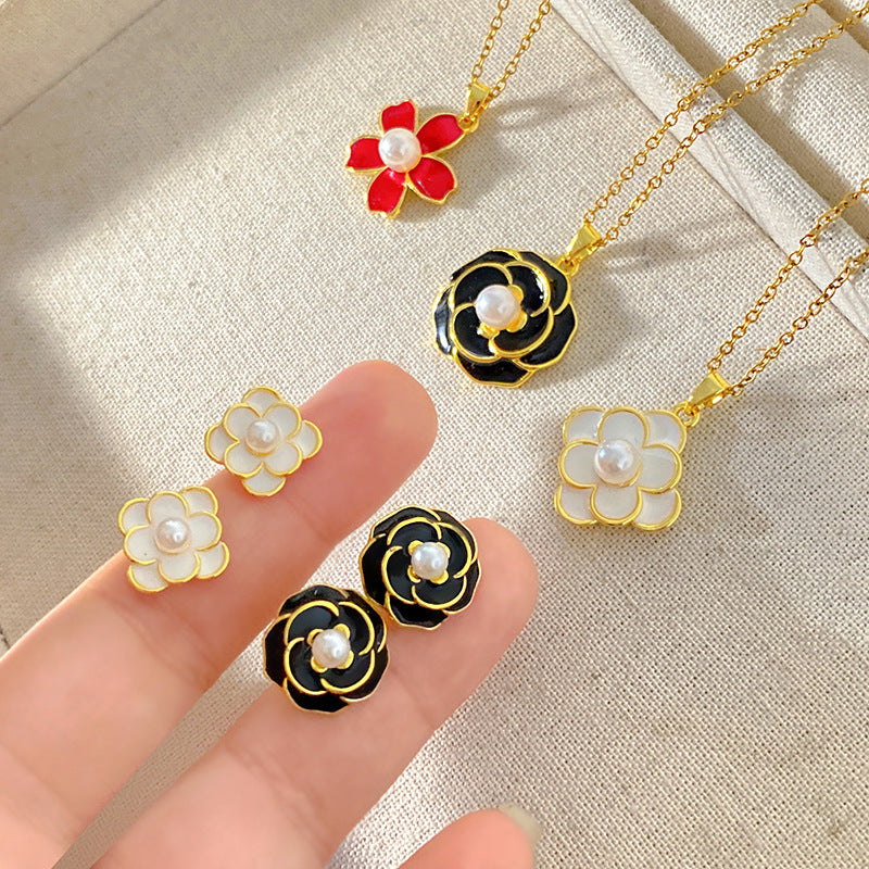 Sweet Elegant Camellia Flower Brass Plated Necklace and Earring Set with Cable Chain for Women