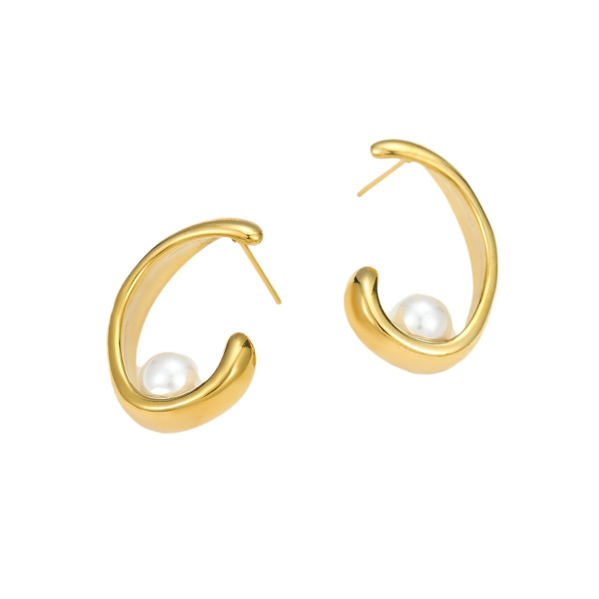 Pendientes de acero inoxidable de perlas irregulares con forma de media luna a la moda para mujer con acabado chapado