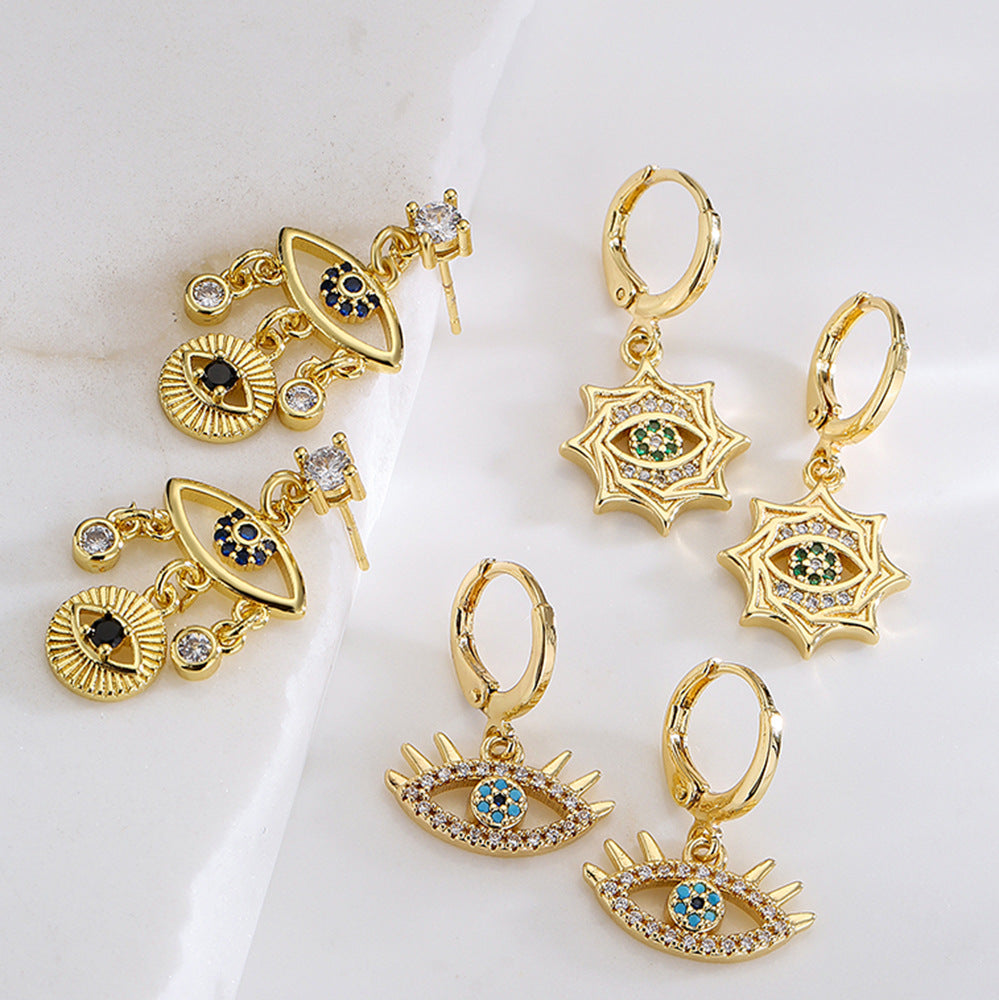 Vintage Geometric Copper Earrings with 18K Gold Plating and Zircon Evil Eye Design for Women