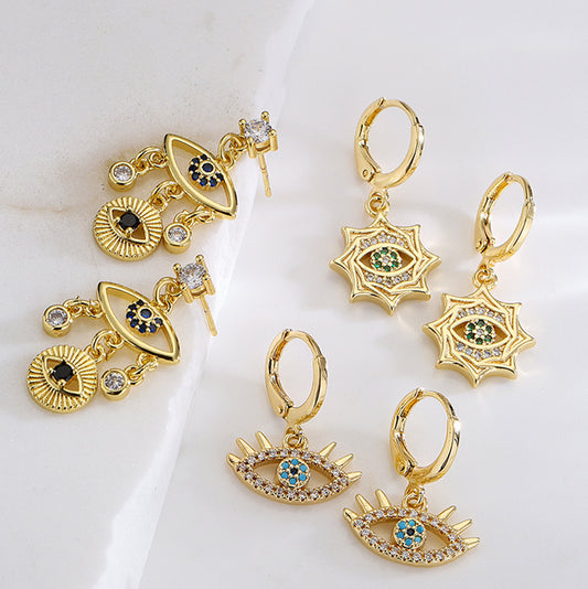 Orecchini vintage geometrici in rame con placcatura in oro 18K e design a occhio turco con zirconi per donna