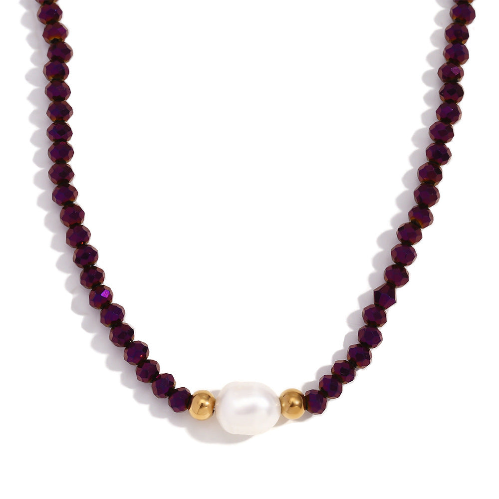Collana con Pendente Geometrico Minimalista in Acciaio Inossidabile con Perla d'Acqua Dolce e Perle di Cristallo Viola da Donna