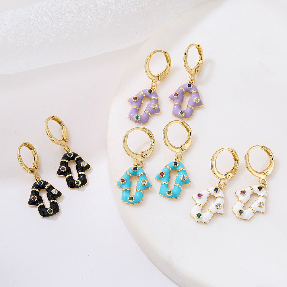 Orecchini bohémien geometrici da donna con base in rame placcata in oro 18K e zirconia incastonata con smalto