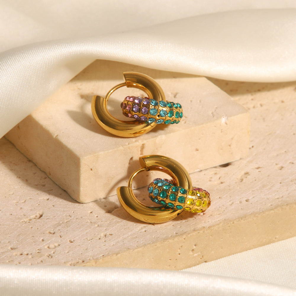 Colorful Rainbow Geometric Stainless Steel Earrings with 18K Gold Plating for Women