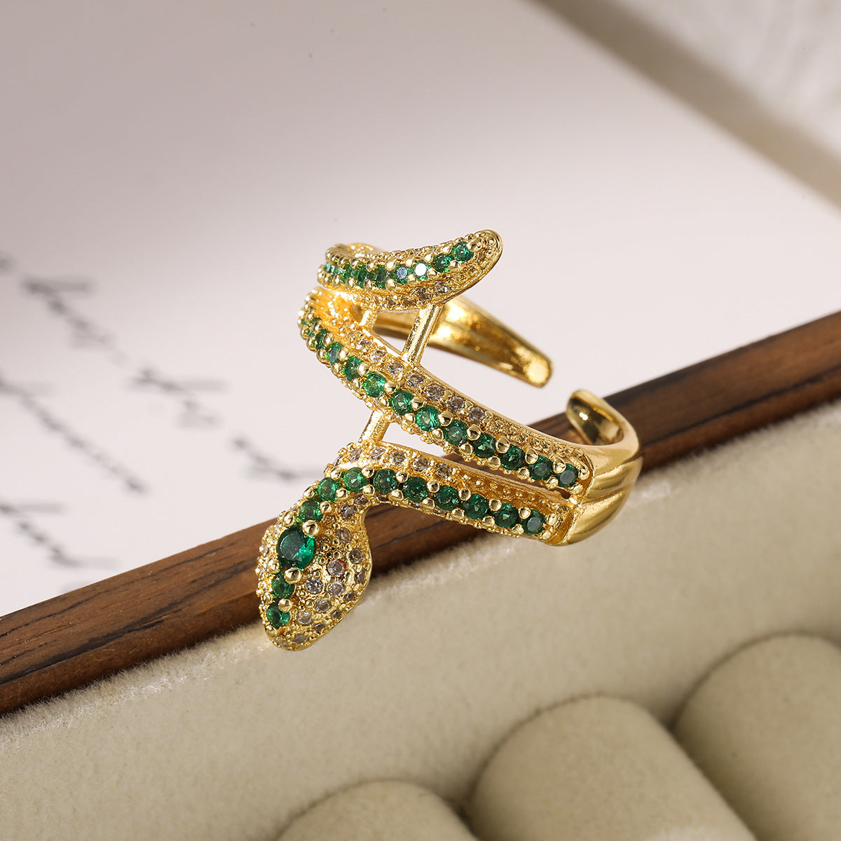 Minimalist Geometric Snake-Shaped Copper Ring with Real Gold Plating and Zircon Inlay for Women