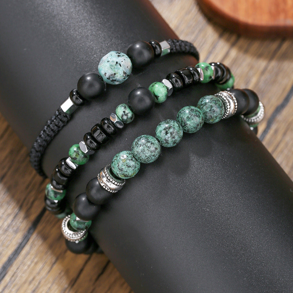Vintage Bohemian Geometric Round Black Agate and Turquoise Beaded Stretch Bracelet for Men and Women
