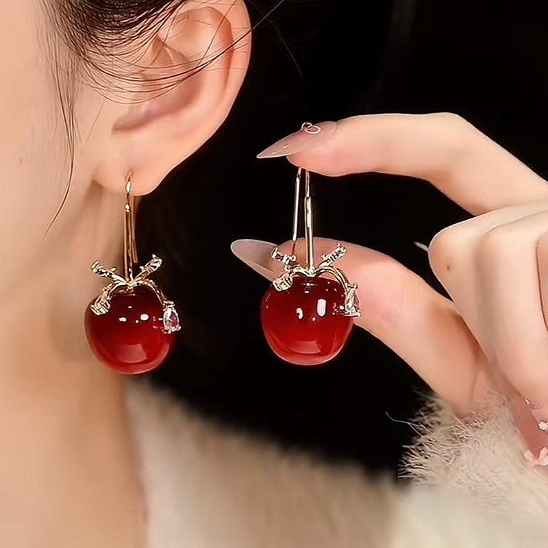 Chic Apple Bow Resin Earrings with Zircon Inlay for Women Lightweight Everyday Fashion Ear Hooks