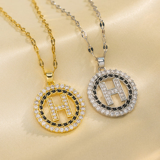 Luxury Minimalist Letter H Titanium Steel Necklace for Women with Rhinestone Inlay and Wavy Chain