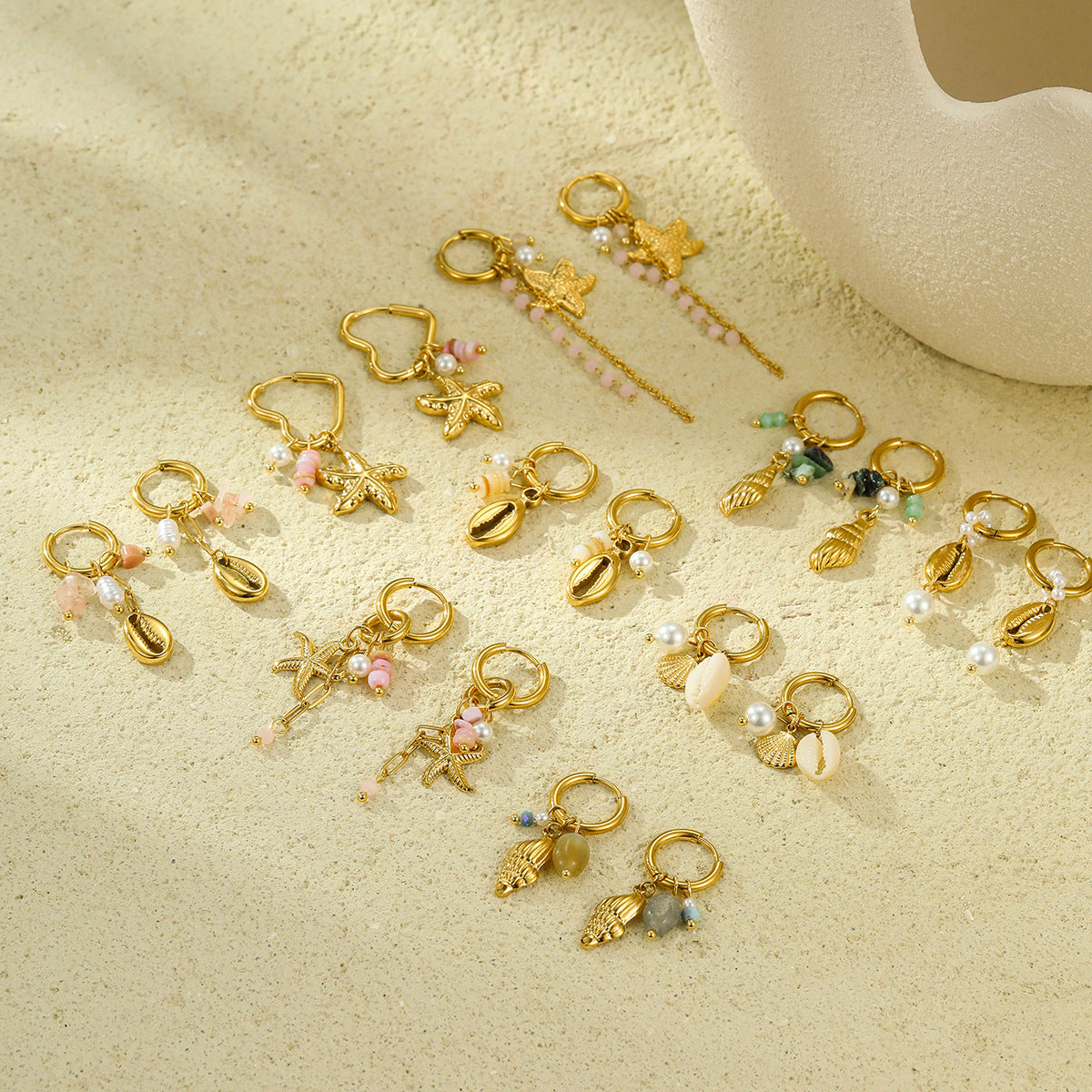 Pendientes de acero inoxidable con forma de estrella de mar, estilo vacacional, con incrustaciones de piedra natural para mujer