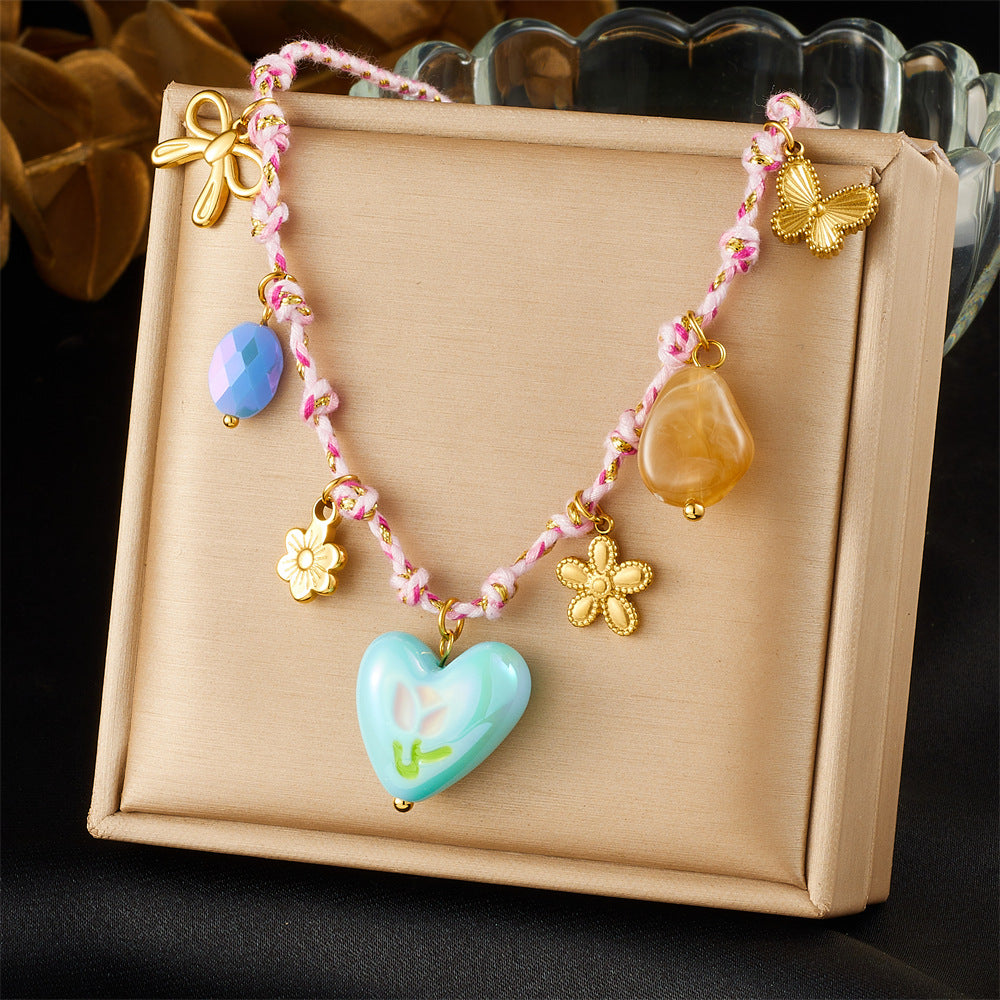 Sweet Heart Stainless Steel Drip Oil Floral Pendant Necklace for Women