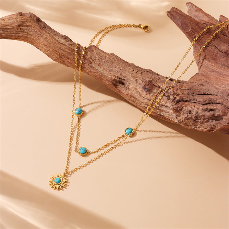 Vintage Fashion Sun Pendant Necklace with Turquoise Inlay Stainless Steel Double Layer Box Chain