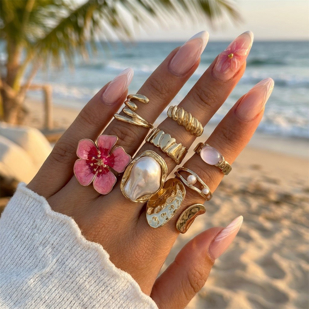 Sweet Pink Floral Irregular Adjustable Ring Set for Women