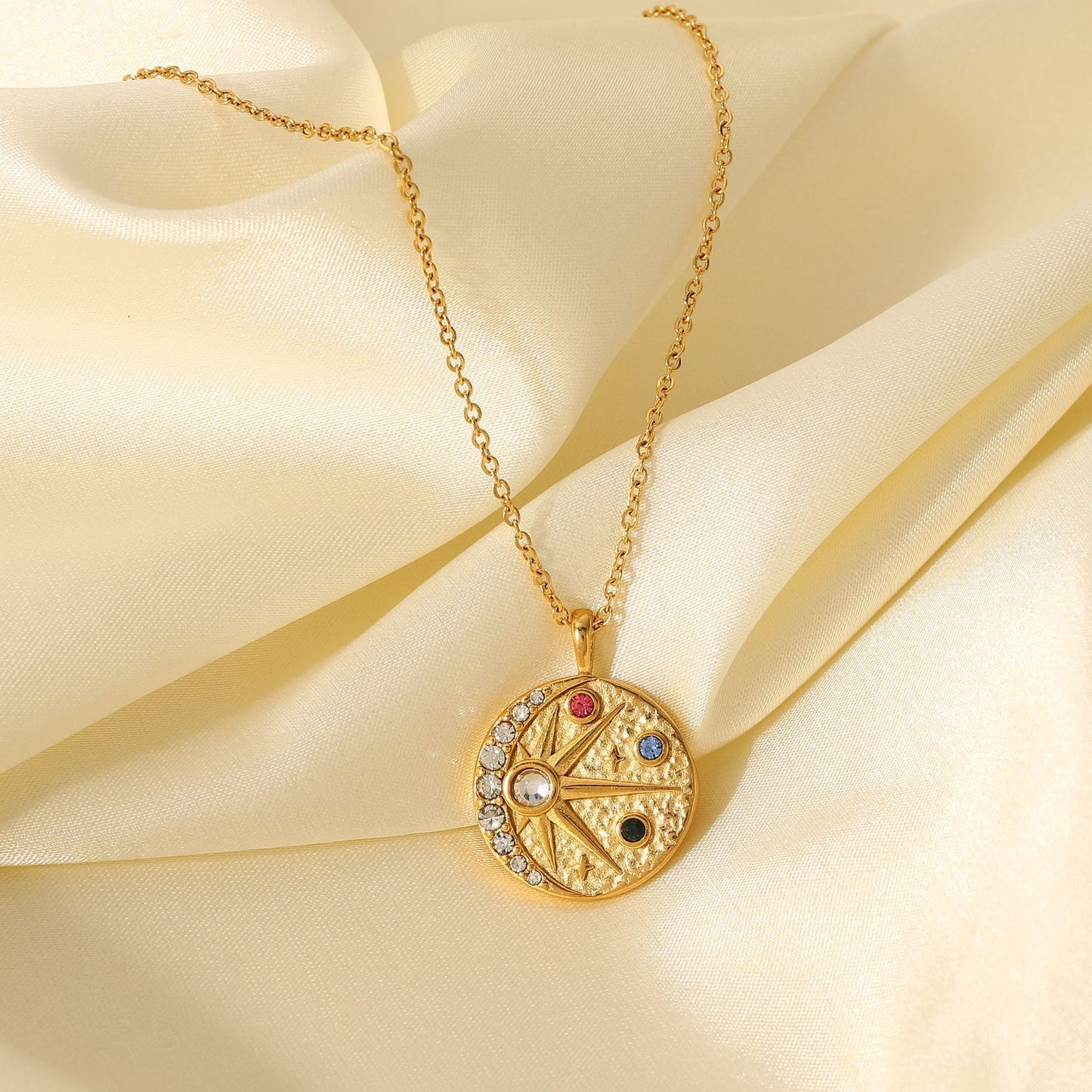 Cartoon Style Sun and Moon Relief Pendant Necklace in Stainless Steel with 18K Gold Plating and Colorful Zircon Inlay for Women