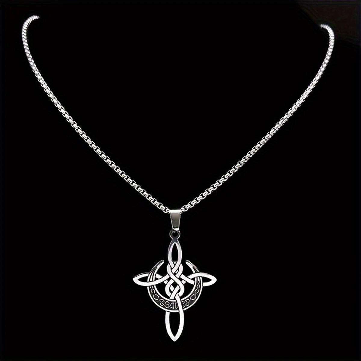 Minimalist Crescent and Knot Pendant Necklace in Stainless Steel with Titanium Steel Charm and Electroplated Finish