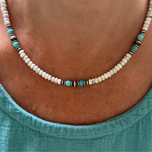 Bohemian Geometric Natural White Turquoise Beaded Necklace Cable Chain Unisex