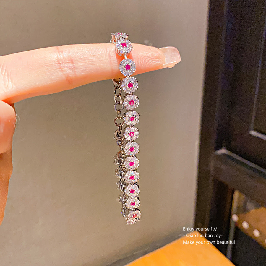 Luxury Sweet Floral Brass Inlaid Cubic Zirconia Bracelet for Women