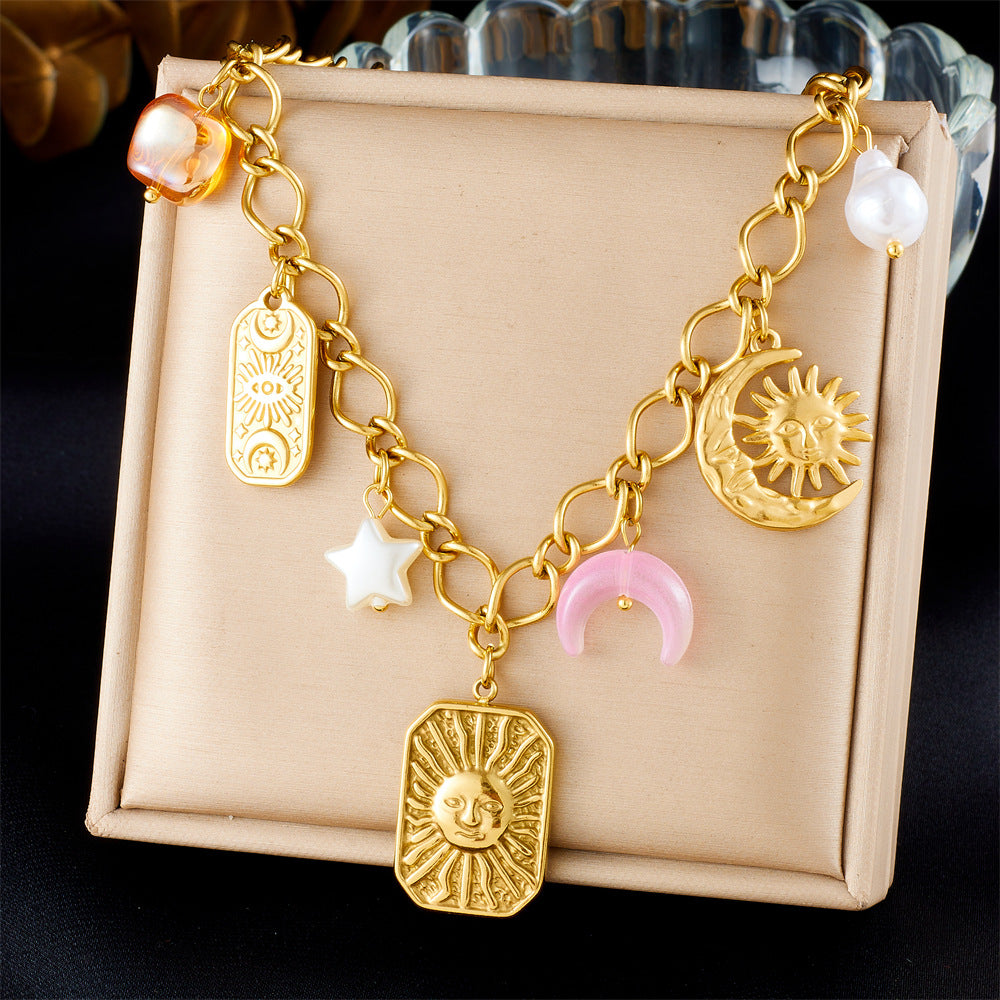 Elegant Stainless Steel Drip Oil Moon Sun Flower Pendant Necklace with Cable Chain for Women