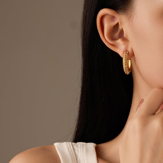 Fashionable C-Shaped Titanium Steel Stud Earrings with Zircon Inlay for Women, Electroplated Stainless Steel Jewelry