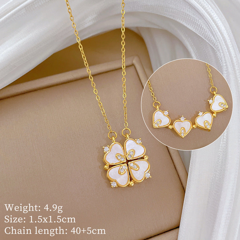 Sweet Heart Four-Leaf Flower Paved with Cubic Zirconia Titanium Steel Necklace for Women