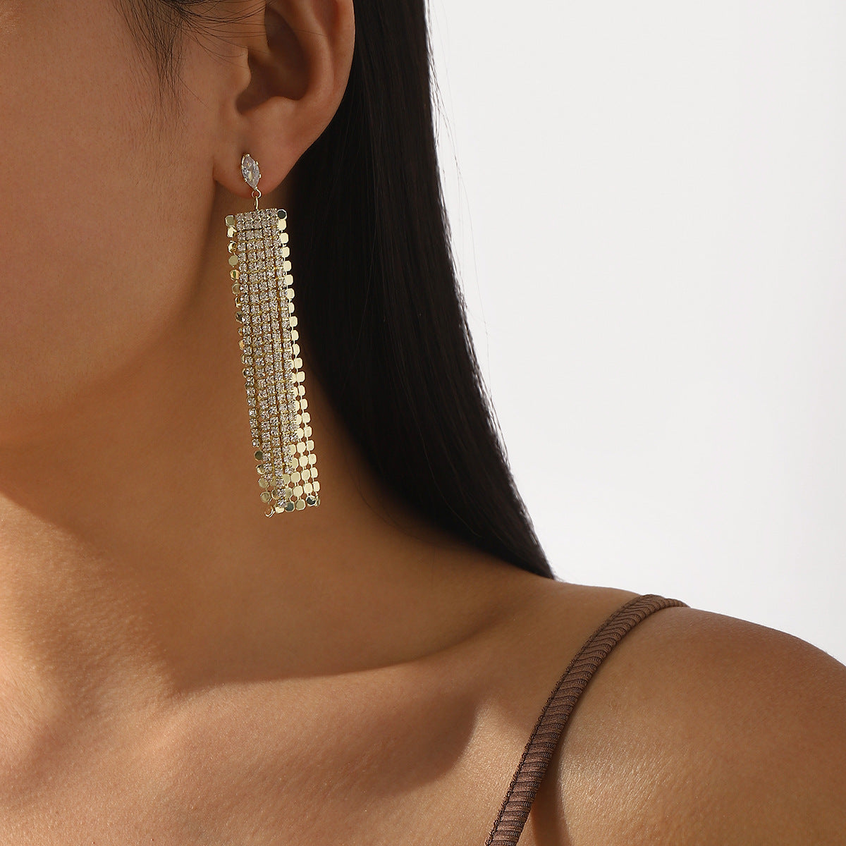 Geometric Fringe Alloy Earrings with Rhinestone Inlay for Women, Fashionable Office Wear Lightweight Luxury Party Jewelry