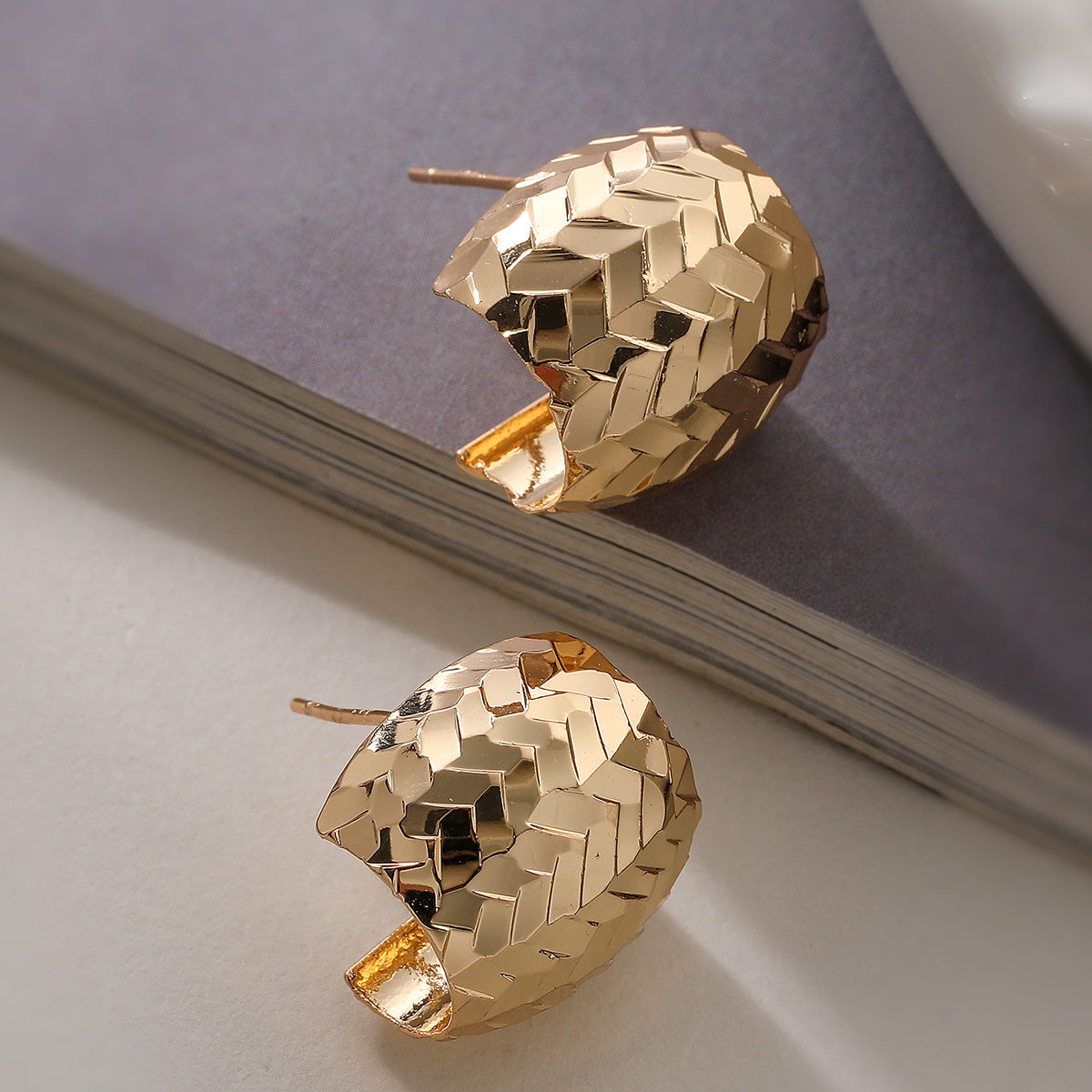 Minimalist 18K Gold Plated Brass Geometric Textured Stud Earrings for Women