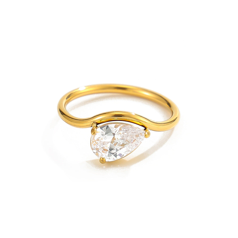 Elegant 18K Gold Plated Stainless Steel Teardrop Ring with Cubic Zirconia Inlay for Women