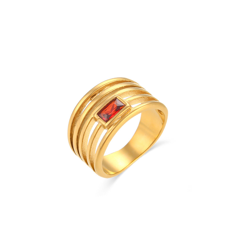 Minimalist Geometric Stainless Steel Ring with 18K Gold Plating and Hollow-Out Design Set with Zircon Inlays