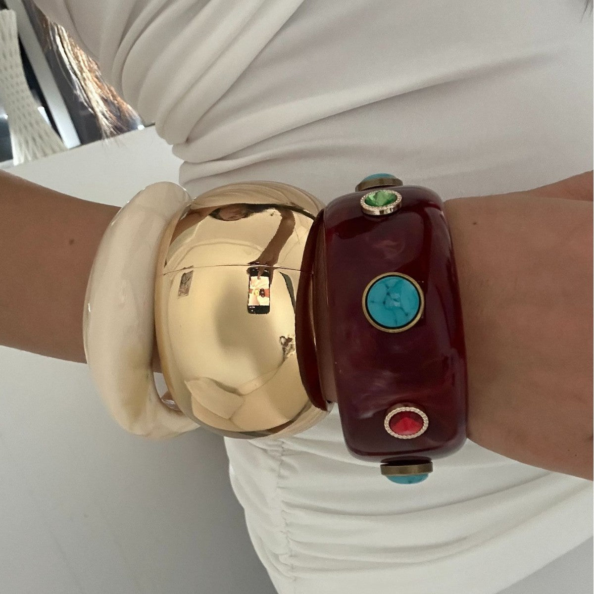 Vintage Wide Geometric Resin and Alloy Bracelet with Burgundy Gemstone Accents