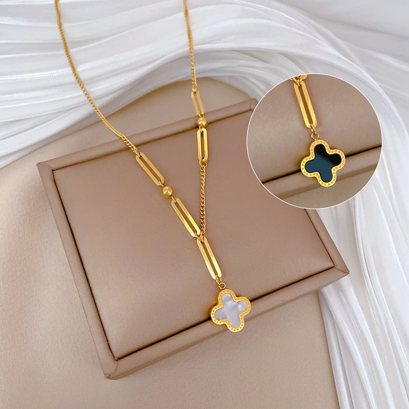 Minimalist Titanium Steel Geometric Lucky Clover Necklace for Unisex Collar Chain