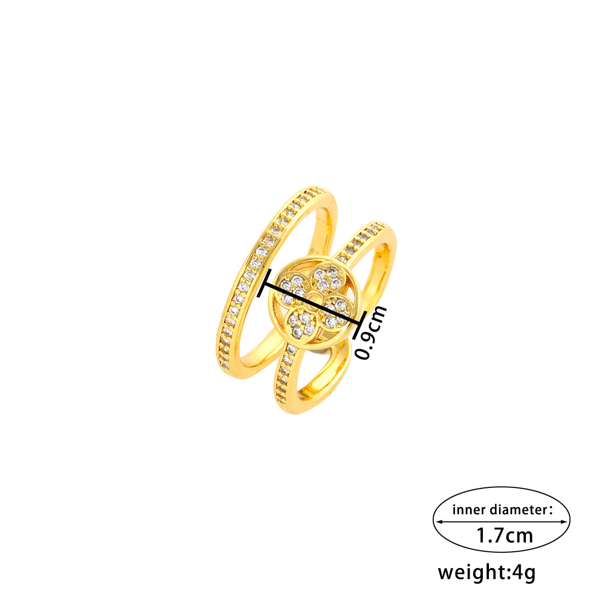 Luxury-Style Clover-Shaped Double-Layer Ring for Women with Zircon Inlay and Gold-Plated Copper Band