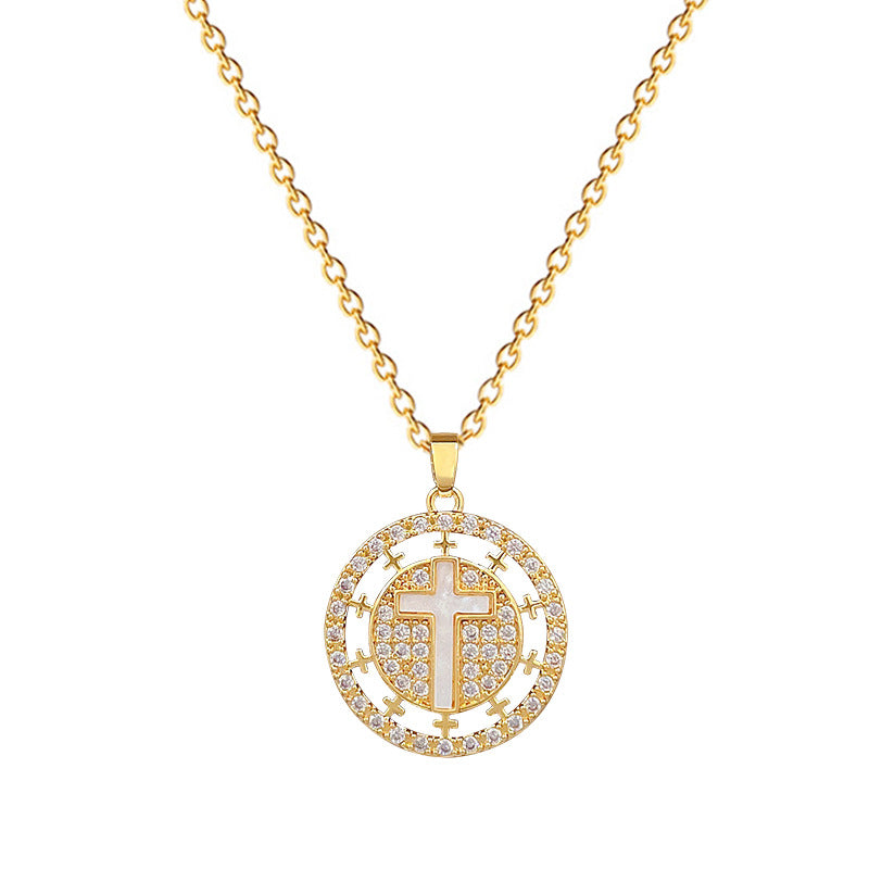 Minimalist Round Cross Pendant Necklace for Women Stainless Steel Snake Chain with Rhinestone Inlay