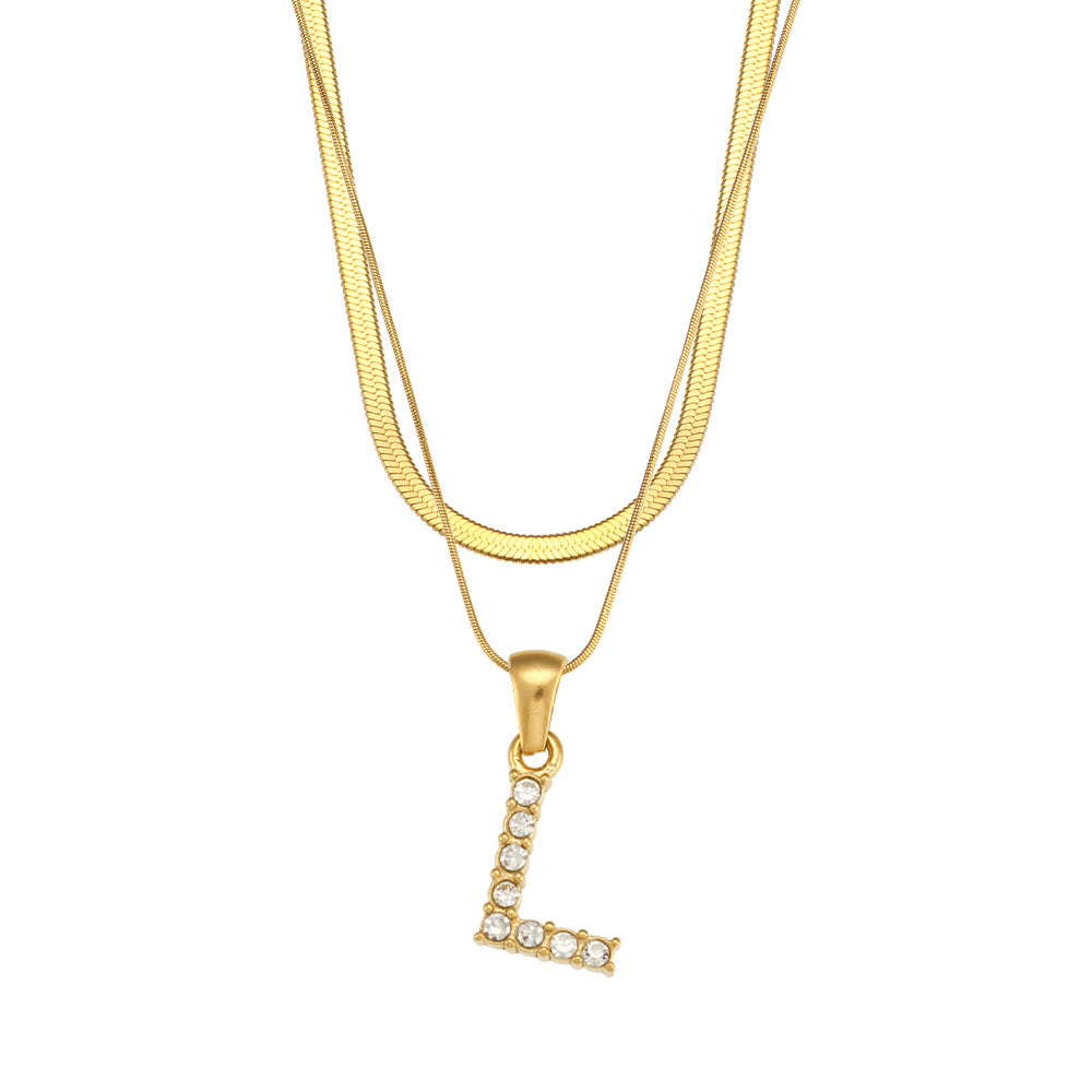 Fashionable Minimalist Letter Pendant Necklace in Stainless Steel with 18K Gold Plating and Cubic Zirconia on Double Snake Chain for Women