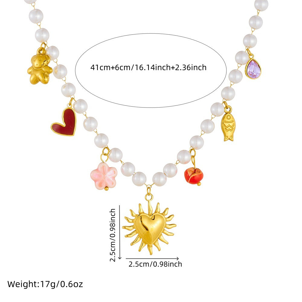 Vintage French-Style Heart-Shaped Gold-Plated Stainless Steel Pendant Necklace with Pearl Chain