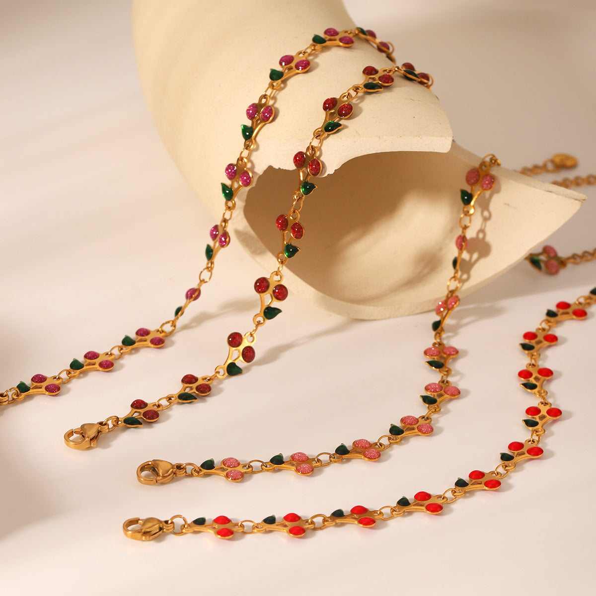 18K Gold Plated Stainless Steel Drip Oil Cherry Bracelet for Women Minimalist Sweet Fruit Jewelry