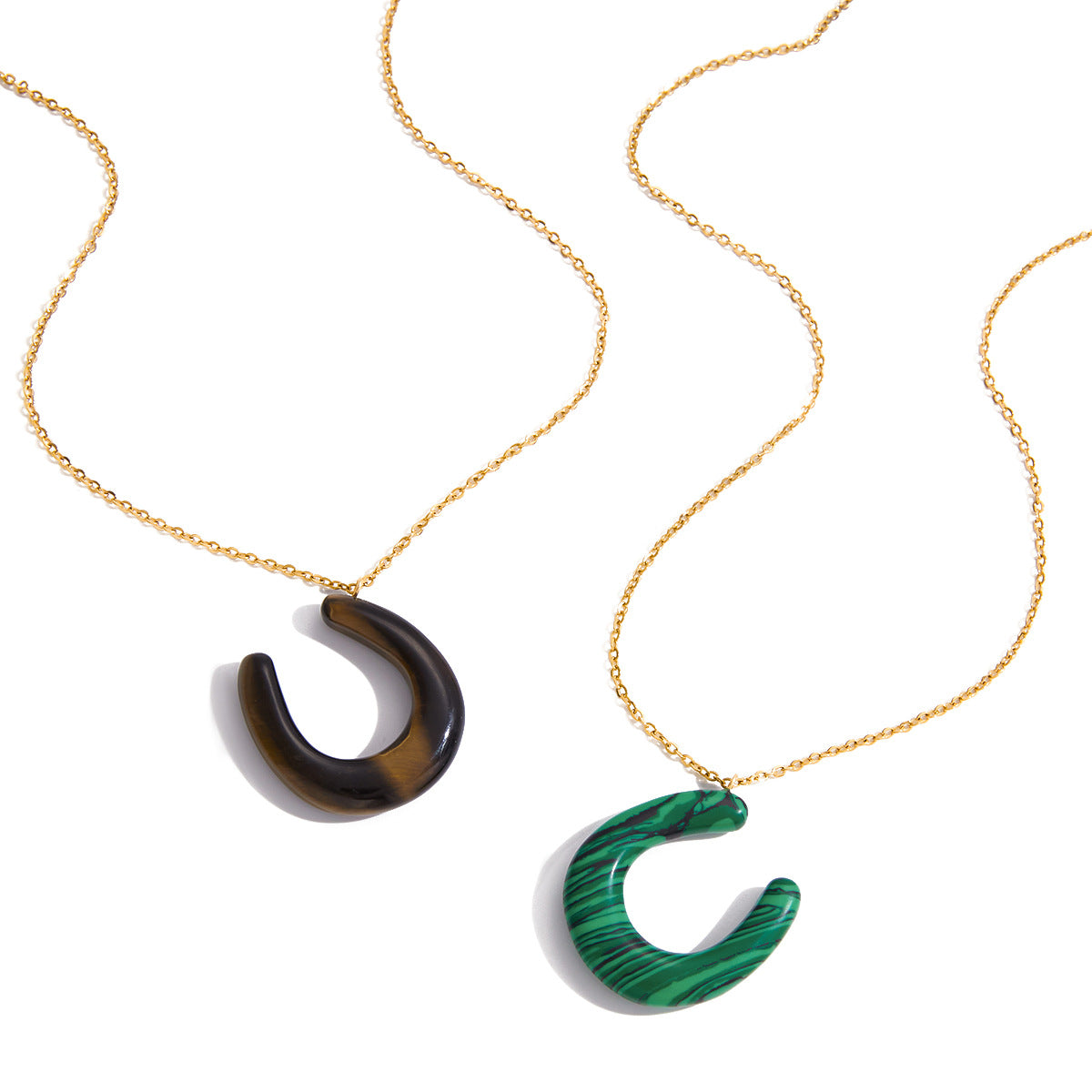 Collana con pendente a U in acciaio inossidabile placcato oro 18 carati con occhio di tigre, stile vintage, da donna