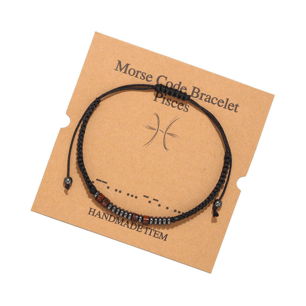 Morse Code Zodiac Wood Beaded Bracelet Round Geometric Unisex